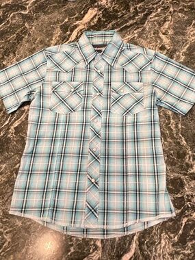 Wrangler Boys retro blue check short sleeve shirt Size Medium 7/8